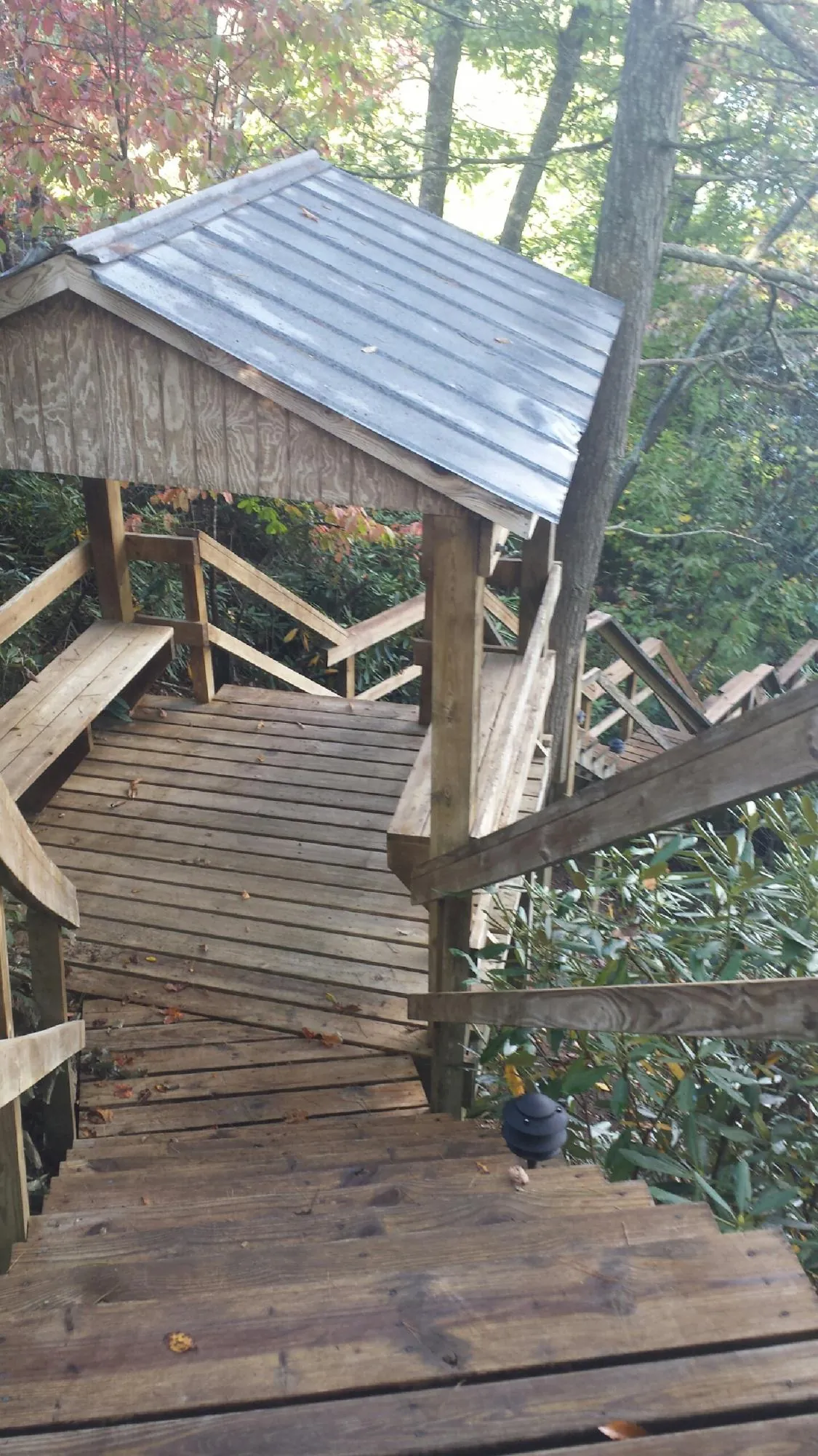 Metal roofed shelter over wooden steps on a wooded walkway — Skylight Repair & Installation work by our crew in Spring House